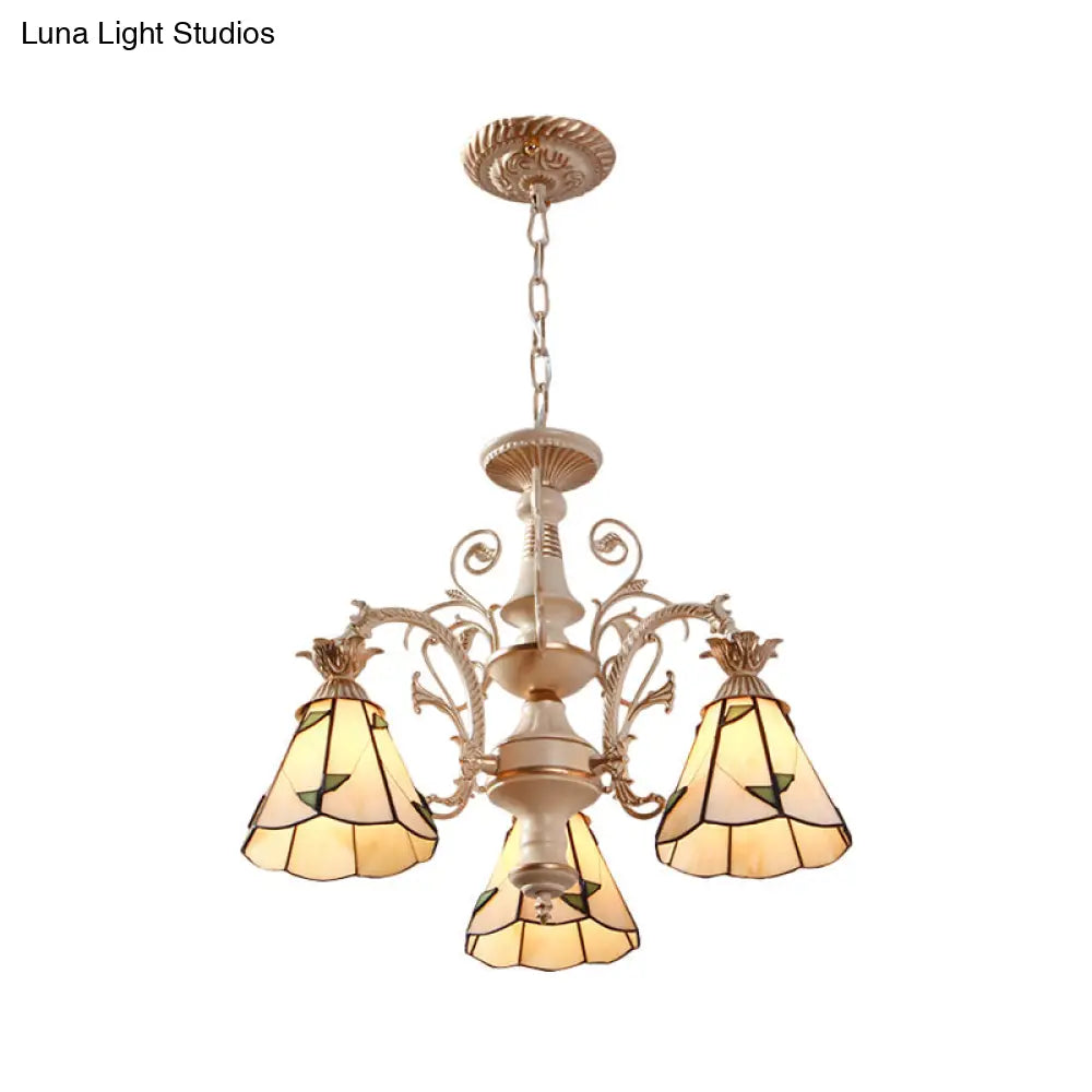 Mission White Stained Glass Leaf Patterned Pendant Chandelier - 3/5-Light Conic Ceiling Hang Fixture