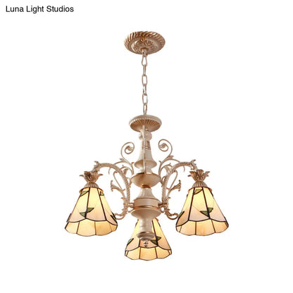 Mission White Stained Glass Leaf Patterned Pendant Chandelier - 3/5-Light Conic Ceiling Hang Fixture