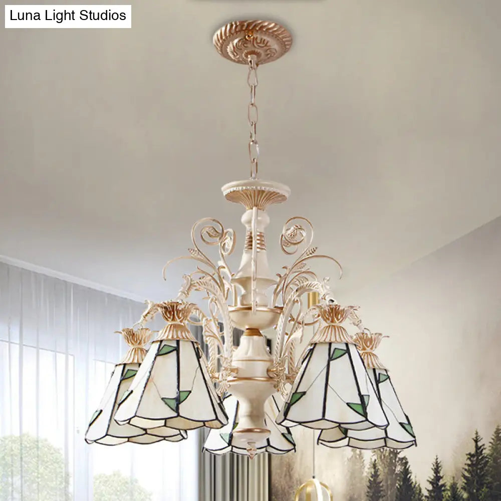 Mission White Stained Glass Leaf Patterned Pendant Chandelier - 3/5-Light Conic Ceiling Hang Fixture