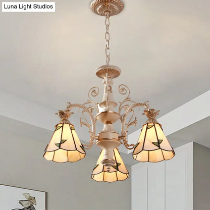 Mission White Stained Glass Leaf Patterned Pendant Chandelier - 3/5-Light Conic Ceiling Hang Fixture