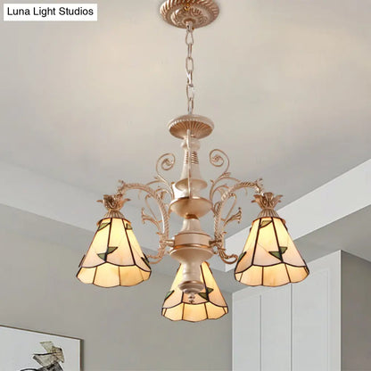 Mission White Stained Glass Leaf Patterned Pendant Chandelier - 3/5-Light Conic Ceiling Hang Fixture