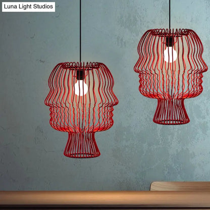 Modern 1-Head Red Metallic Pendant Light with Suspended Arc Cage - Ceiling Fixture