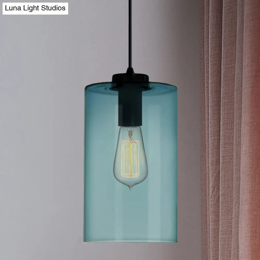 Modern 1 Light Blue Glass Pendant Lamp, Black Ceiling Pendant Light