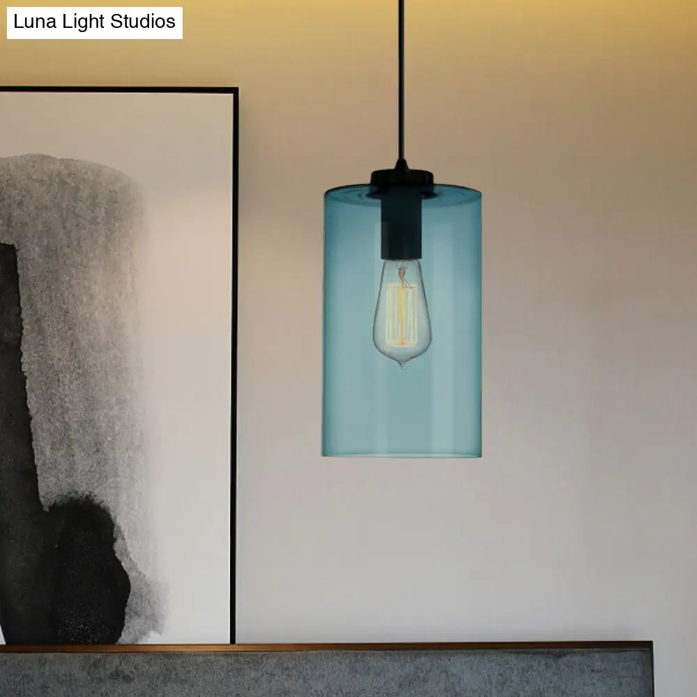 Modern 1 Light Blue Glass Pendant Lamp, Black Ceiling Pendant Light