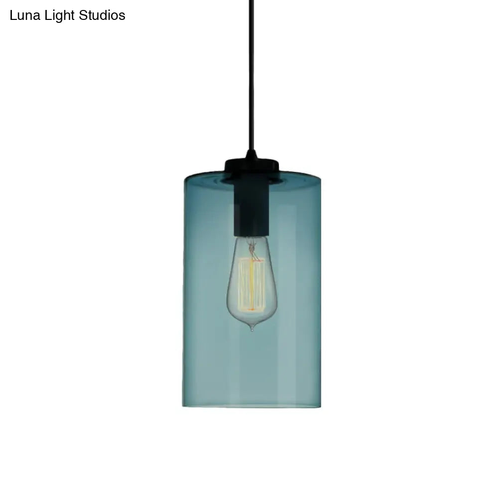 Modern 1 Light Blue Glass Pendant Lamp, Black Ceiling Pendant Light