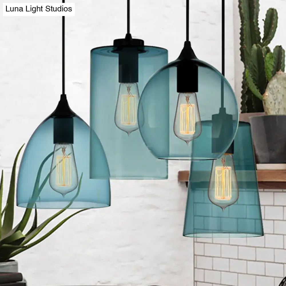 Modern 1 Light Blue Glass Pendant Lamp, Black Ceiling Pendant Light