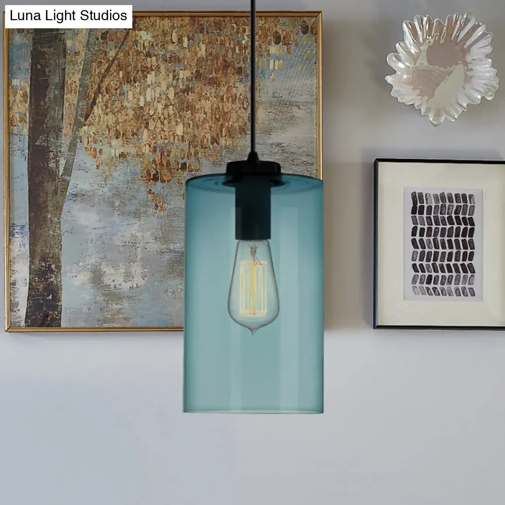 Modern 1 Light Blue Glass Pendant Lamp, Black Ceiling Pendant Light