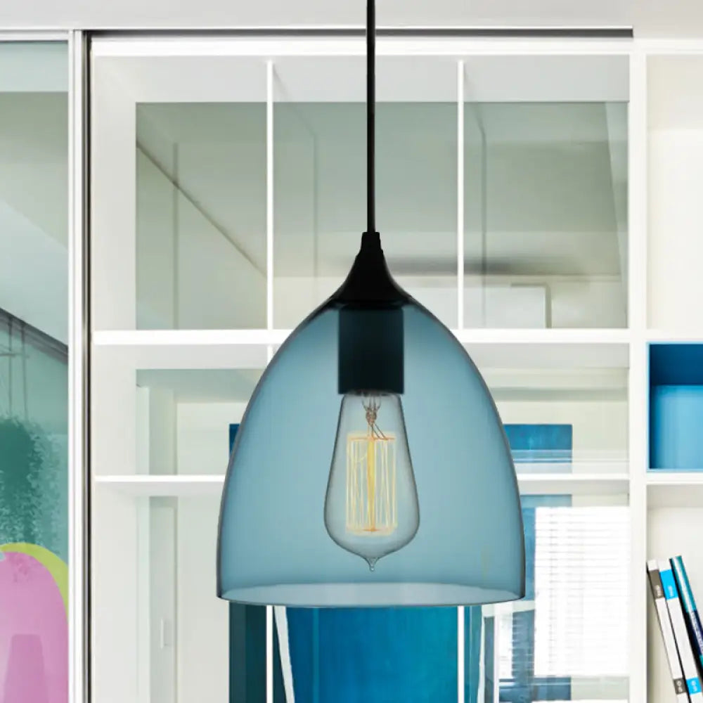 Modern 1 Light Blue Glass Pendant Lamp, Black Ceiling Pendant Light