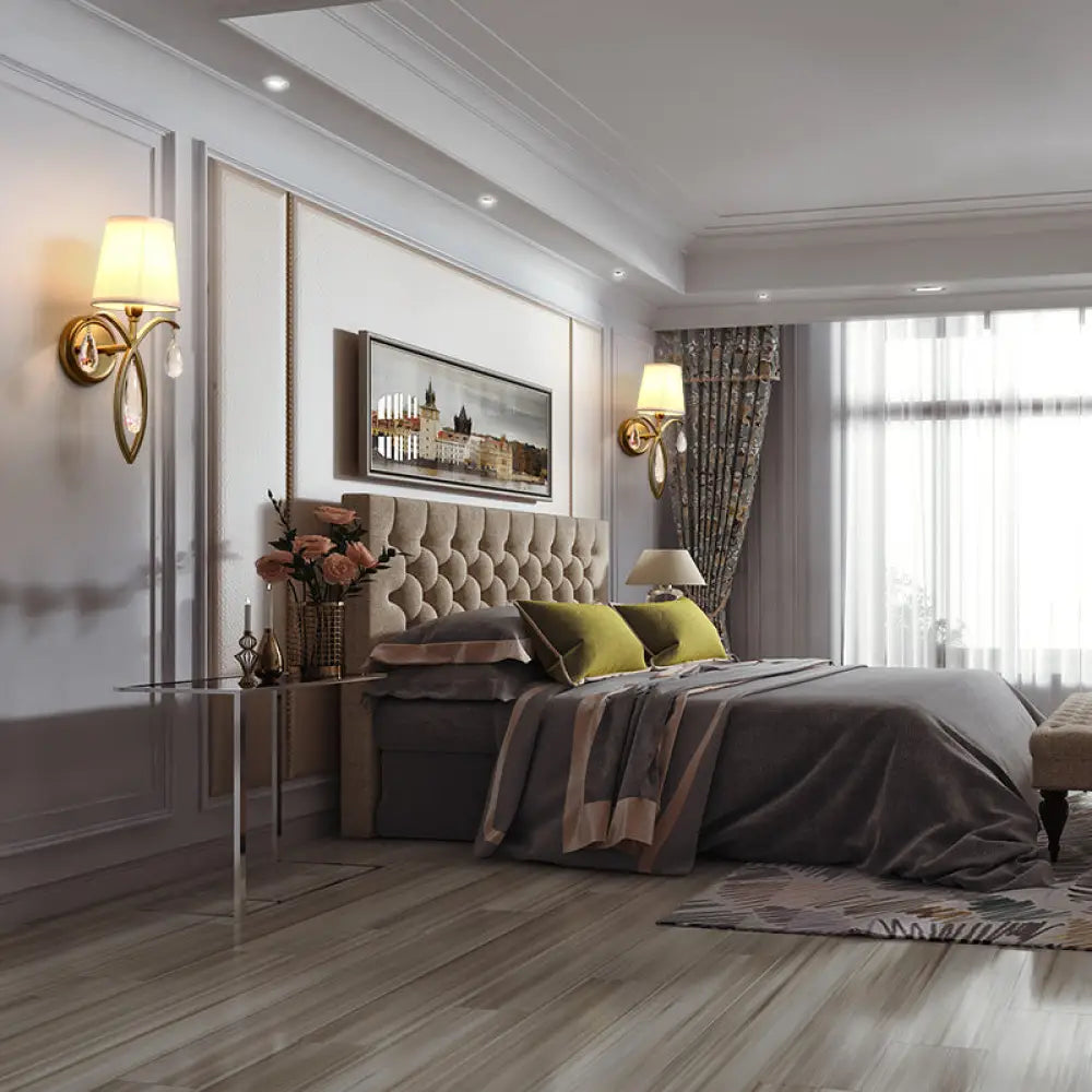 DecorBites™ DecorBites™ Modern 1-Light Conic Wall Lamp with Teardrop Crystal Deco in Brass - Stylish Fabric Sconce for Bedroom