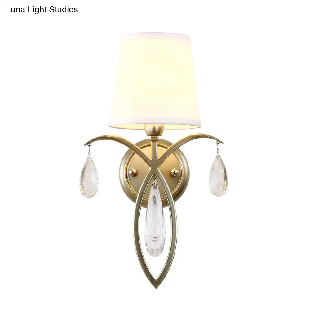 DecorBites™ DecorBites™ Modern 1-Light Conic Wall Lamp with Teardrop Crystal Deco in Brass - Stylish Fabric Sconce for Bedroom