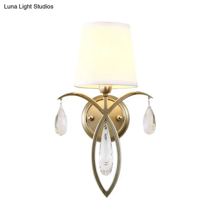 DecorBites™ DecorBites™ Modern 1-Light Conic Wall Lamp with Teardrop Crystal Deco in Brass - Stylish Fabric Sconce for Bedroom