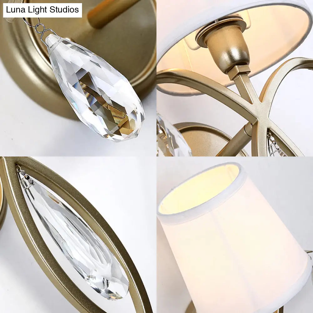DecorBites™ DecorBites™ Modern 1-Light Conic Wall Lamp with Teardrop Crystal Deco in Brass - Stylish Fabric Sconce for Bedroom