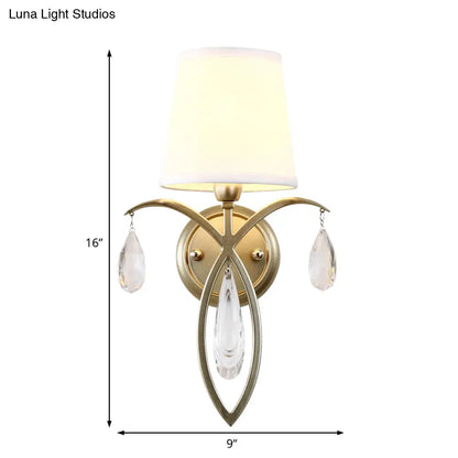 DecorBites™ DecorBites™ Modern 1-Light Conic Wall Lamp with Teardrop Crystal Deco in Brass - Stylish Fabric Sconce for Bedroom