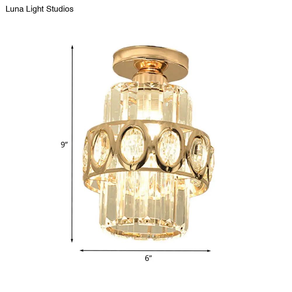 DecorBites™ DecorBites™ Modern 1-Light Cylinder Crystal Flush Ceiling Light in Gold with Circlet/Leaf Guard