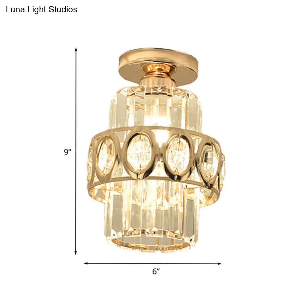 DecorBites™ DecorBites™ Modern 1-Light Cylinder Crystal Flush Ceiling Light in Gold with Circlet/Leaf Guard