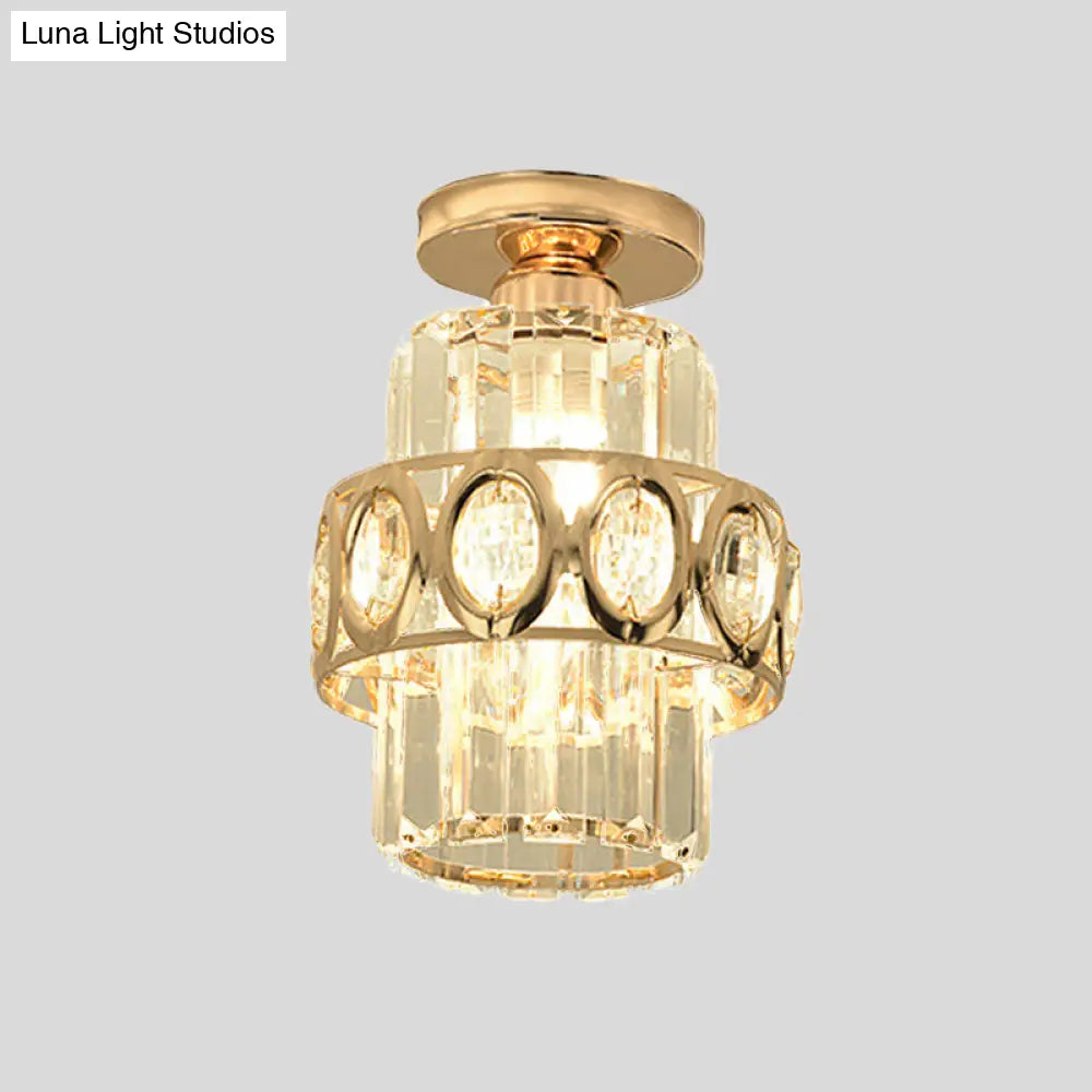 DecorBites™ DecorBites™ Modern 1-Light Cylinder Crystal Flush Ceiling Light in Gold with Circlet/Leaf Guard