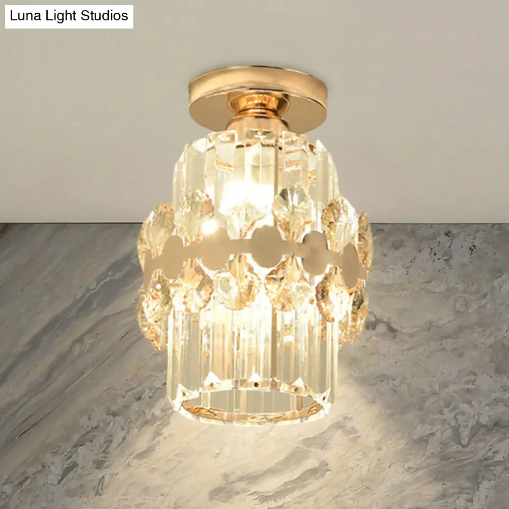 DecorBites™ DecorBites™ Modern 1-Light Cylinder Crystal Flush Ceiling Light in Gold with Circlet/Leaf Guard