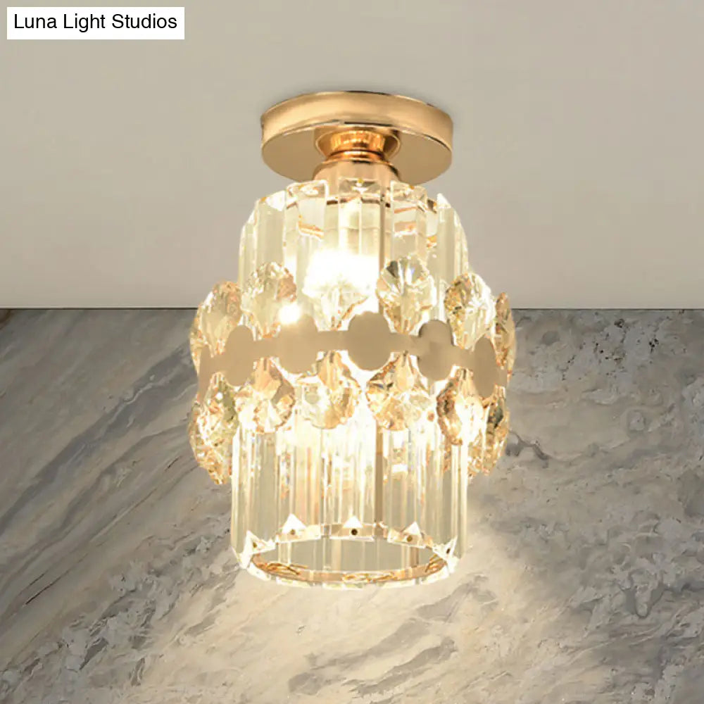 DecorBites™ DecorBites™ Modern 1-Light Cylinder Crystal Flush Ceiling Light in Gold with Circlet/Leaf Guard