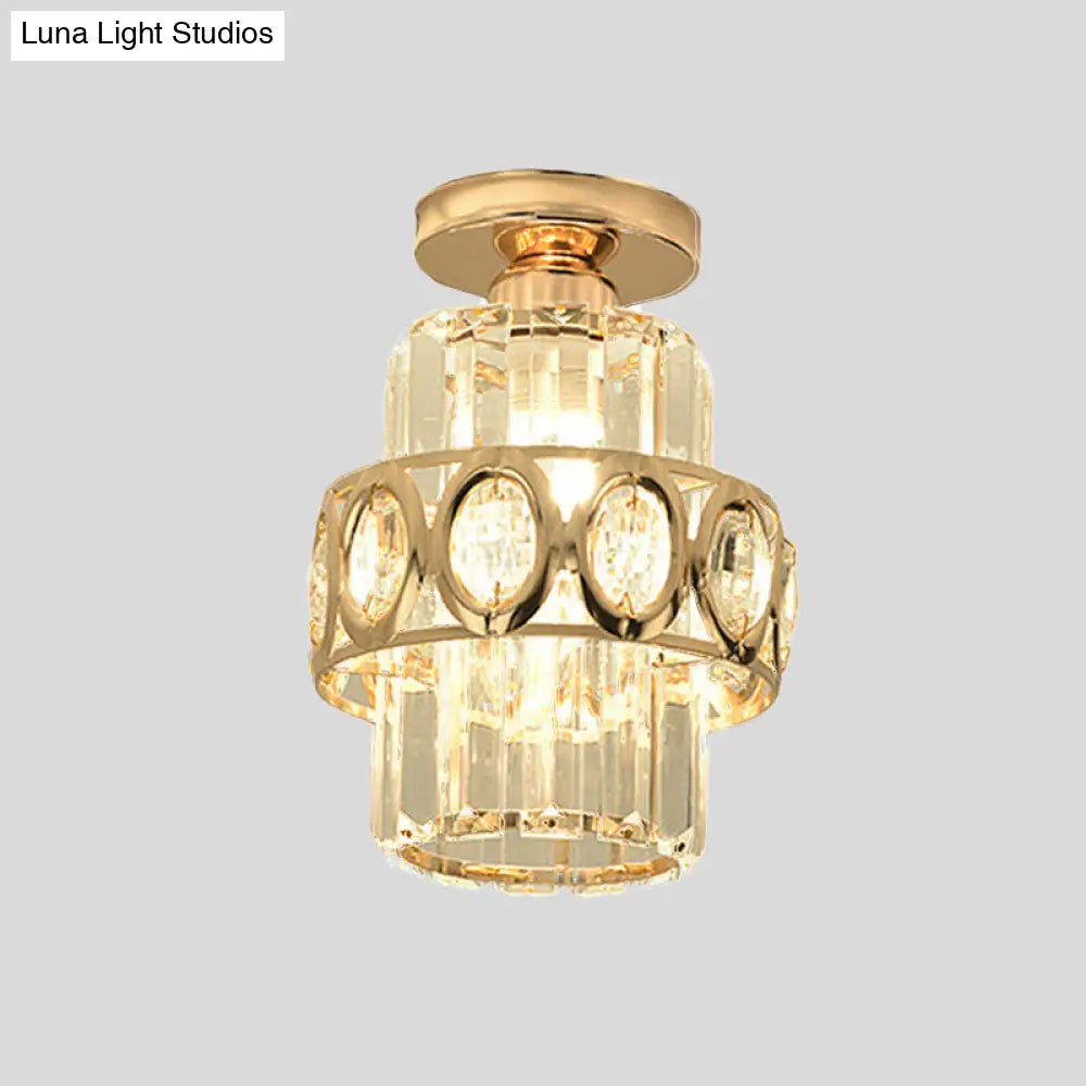 DecorBites™ DecorBites™ Modern 1-Light Cylinder Crystal Flush Ceiling Light in Gold with Circlet/Leaf Guard