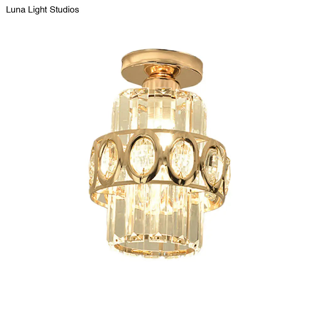 DecorBites™ DecorBites™ Modern 1-Light Cylinder Crystal Flush Ceiling Light in Gold with Circlet/Leaf Guard