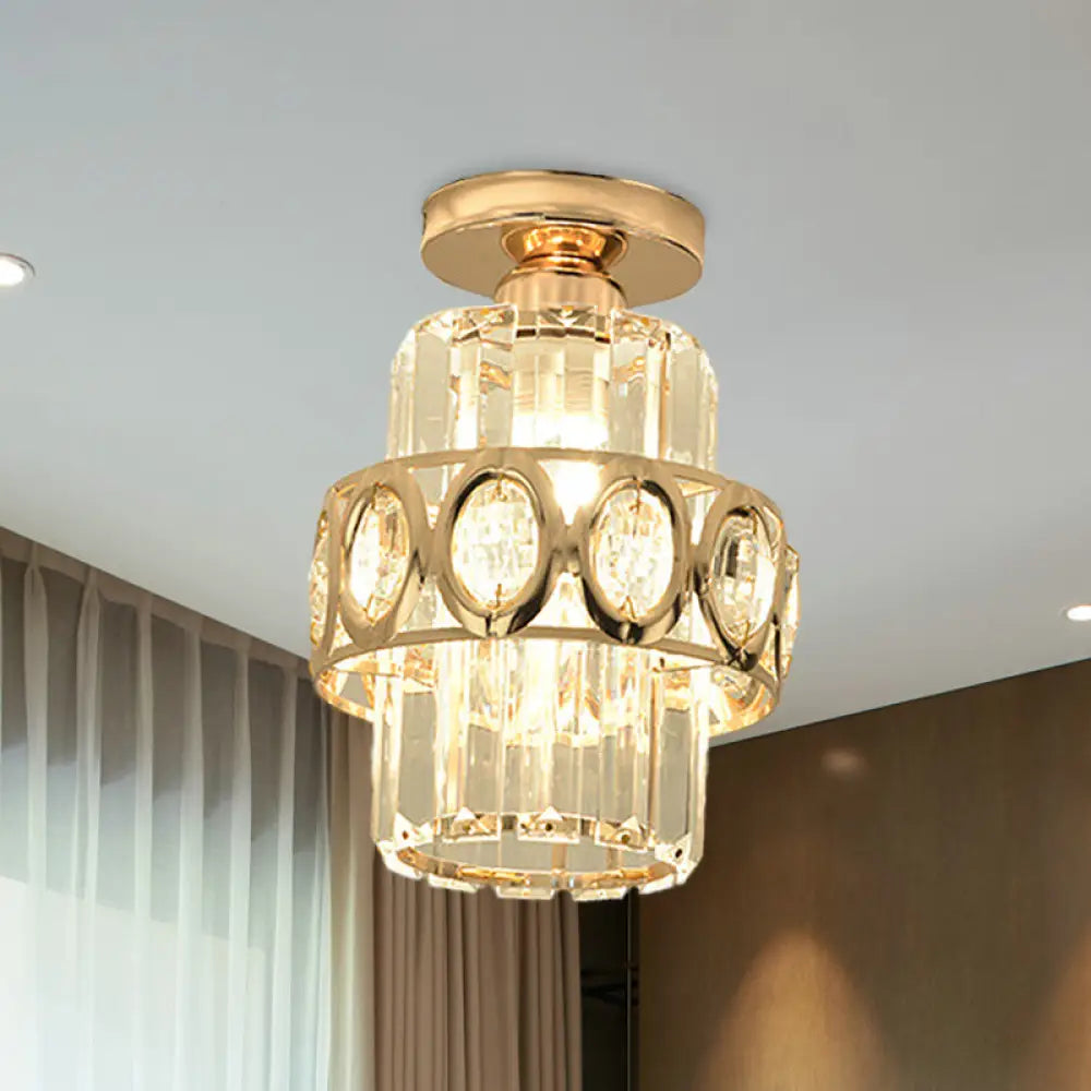 DecorBites™ DecorBites™ Modern 1-Light Cylinder Crystal Flush Ceiling Light in Gold with Circlet/Leaf Guard