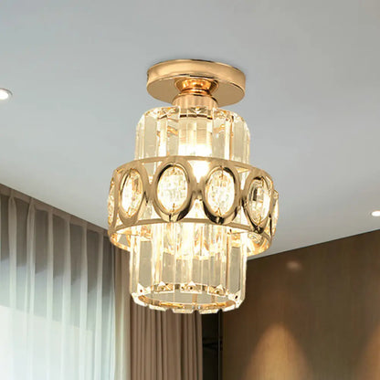 DecorBites™ DecorBites™ Modern 1-Light Cylinder Crystal Flush Ceiling Light in Gold with Circlet/Leaf Guard