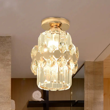 DecorBites™ DecorBites™ Modern 1-Light Cylinder Crystal Flush Ceiling Light in Gold with Circlet/Leaf Guard
