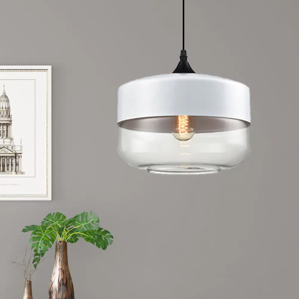 Modern 1-Light Drum/Cylinder/Jar Suspension Pendant – Clear/Yellow Glass – White/Black Fixture