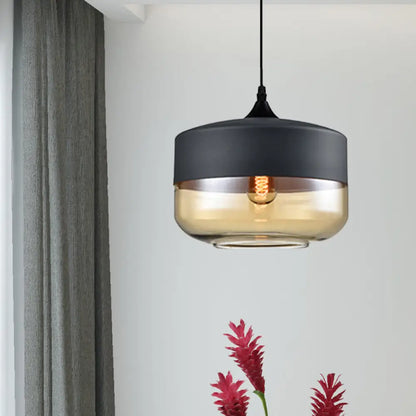 Modern 1-Light Drum/Cylinder/Jar Suspension Pendant – Clear/Yellow Glass – White/Black Fixture