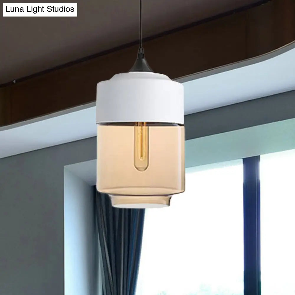 Modern 1-Light Drum/Cylinder/Jar Suspension Pendant – Clear/Yellow Glass – White/Black Fixture