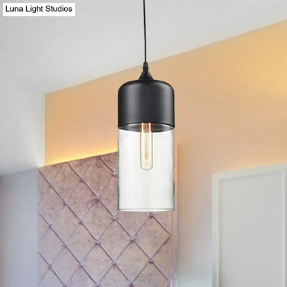 Modern 1-Light Drum/Cylinder/Jar Suspension Pendant – Clear/Yellow Glass – White/Black Fixture