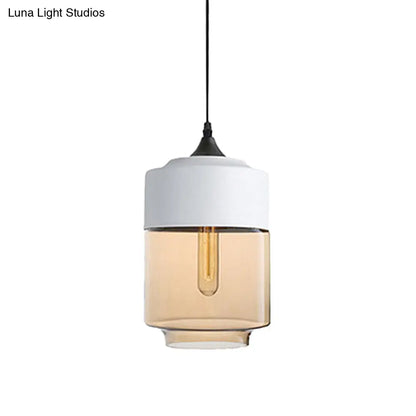 Modern 1-Light Drum/Cylinder/Jar Suspension Pendant – Clear/Yellow Glass – White/Black Fixture