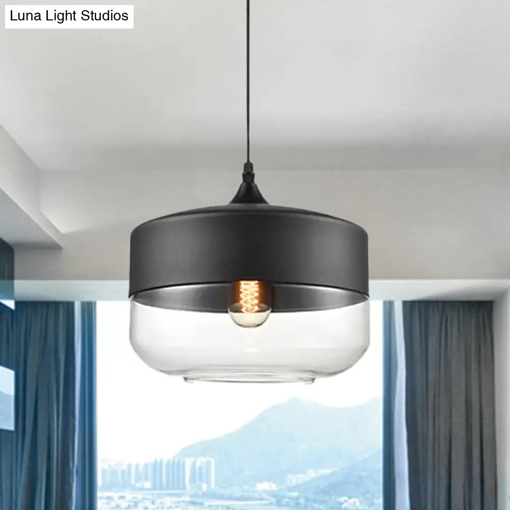 Modern 1-Light Drum/Cylinder/Jar Suspension Pendant – Clear/Yellow Glass – White/Black Fixture