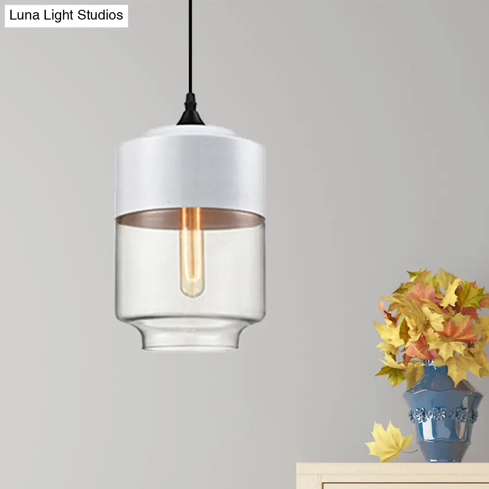 Modern 1-Light Drum/Cylinder/Jar Suspension Pendant – Clear/Yellow Glass – White/Black Fixture