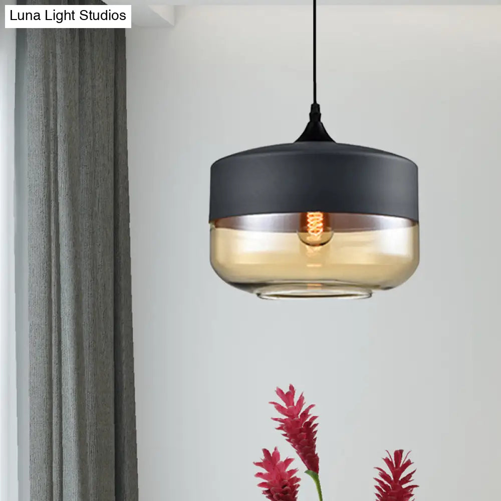 Modern 1-Light Drum/Cylinder/Jar Suspension Pendant – Clear/Yellow Glass – White/Black Fixture