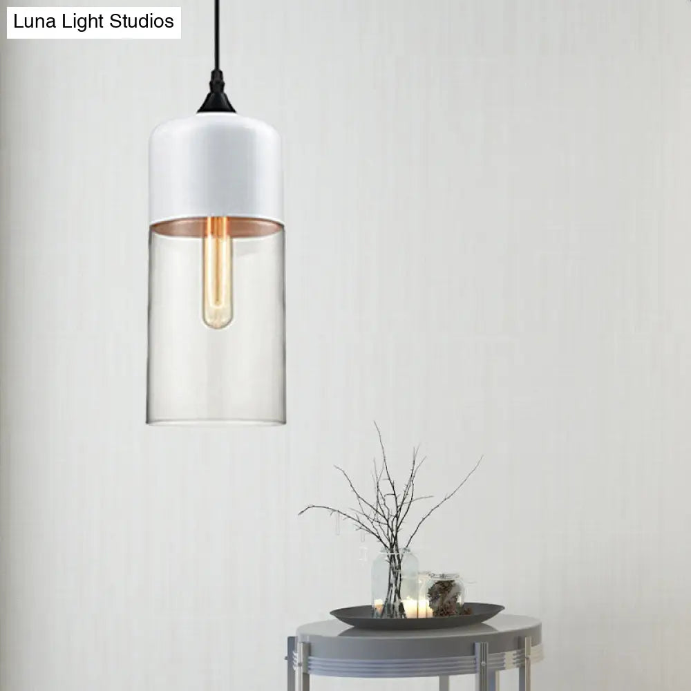 Modern 1-Light Drum/Cylinder/Jar Suspension Pendant – Clear/Yellow Glass – White/Black Fixture