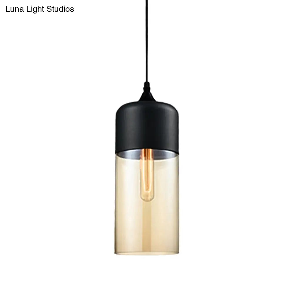 Modern 1-Light Drum/Cylinder/Jar Suspension Pendant – Clear/Yellow Glass – White/Black Fixture