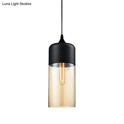 Modern 1-Light Drum/Cylinder/Jar Suspension Pendant – Clear/Yellow Glass – White/Black Fixture