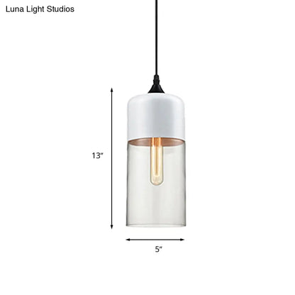 Modern 1-Light Drum/Cylinder/Jar Suspension Pendant – Clear/Yellow Glass – White/Black Fixture