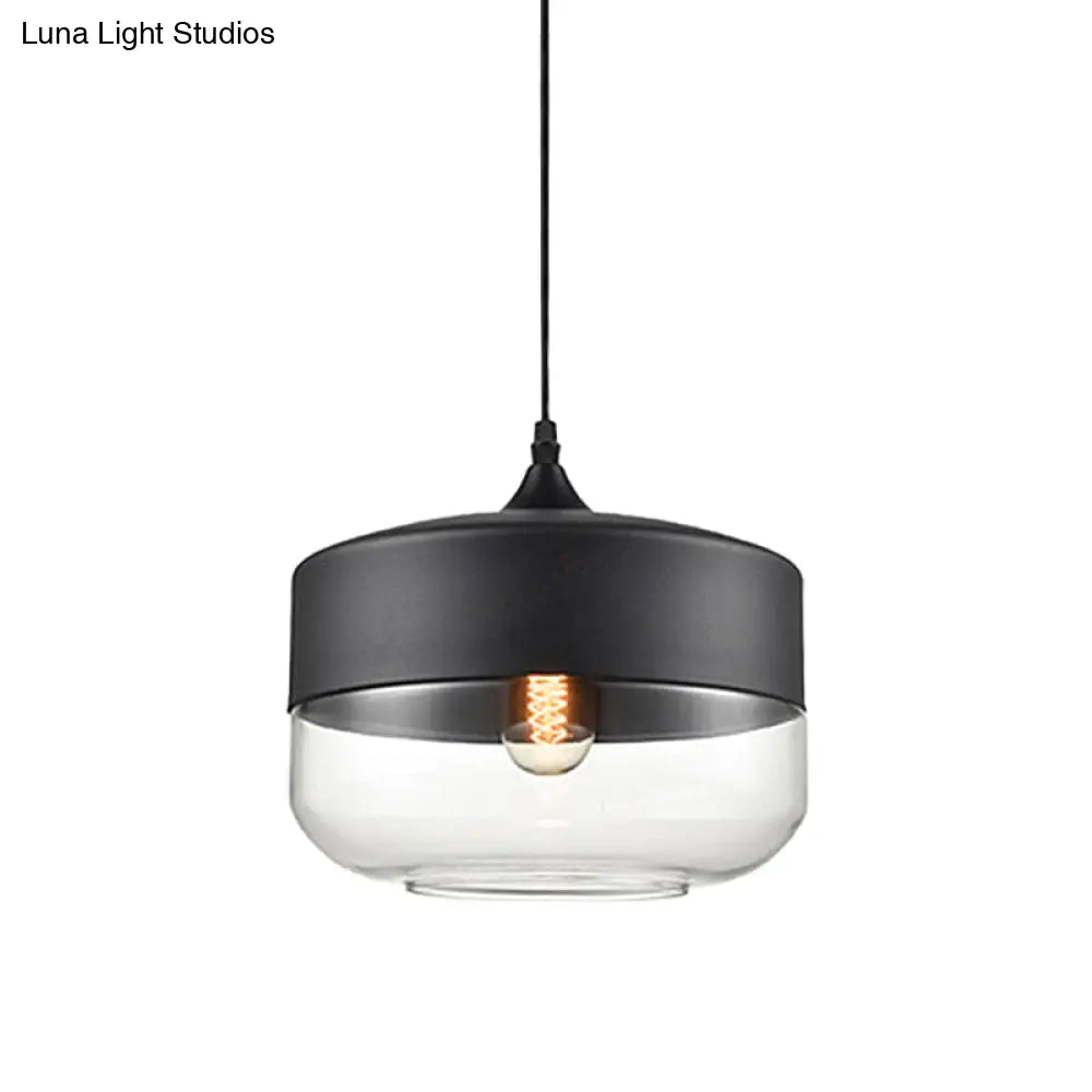 Modern 1-Light Drum/Cylinder/Jar Suspension Pendant – Clear/Yellow Glass – White/Black Fixture