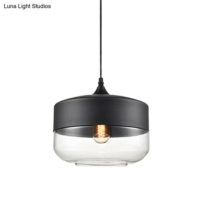 Modern 1-Light Drum/Cylinder/Jar Suspension Pendant – Clear/Yellow Glass – White/Black Fixture