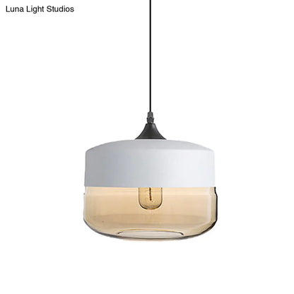 Modern 1-Light Drum/Cylinder/Jar Suspension Pendant – Clear/Yellow Glass – White/Black Fixture