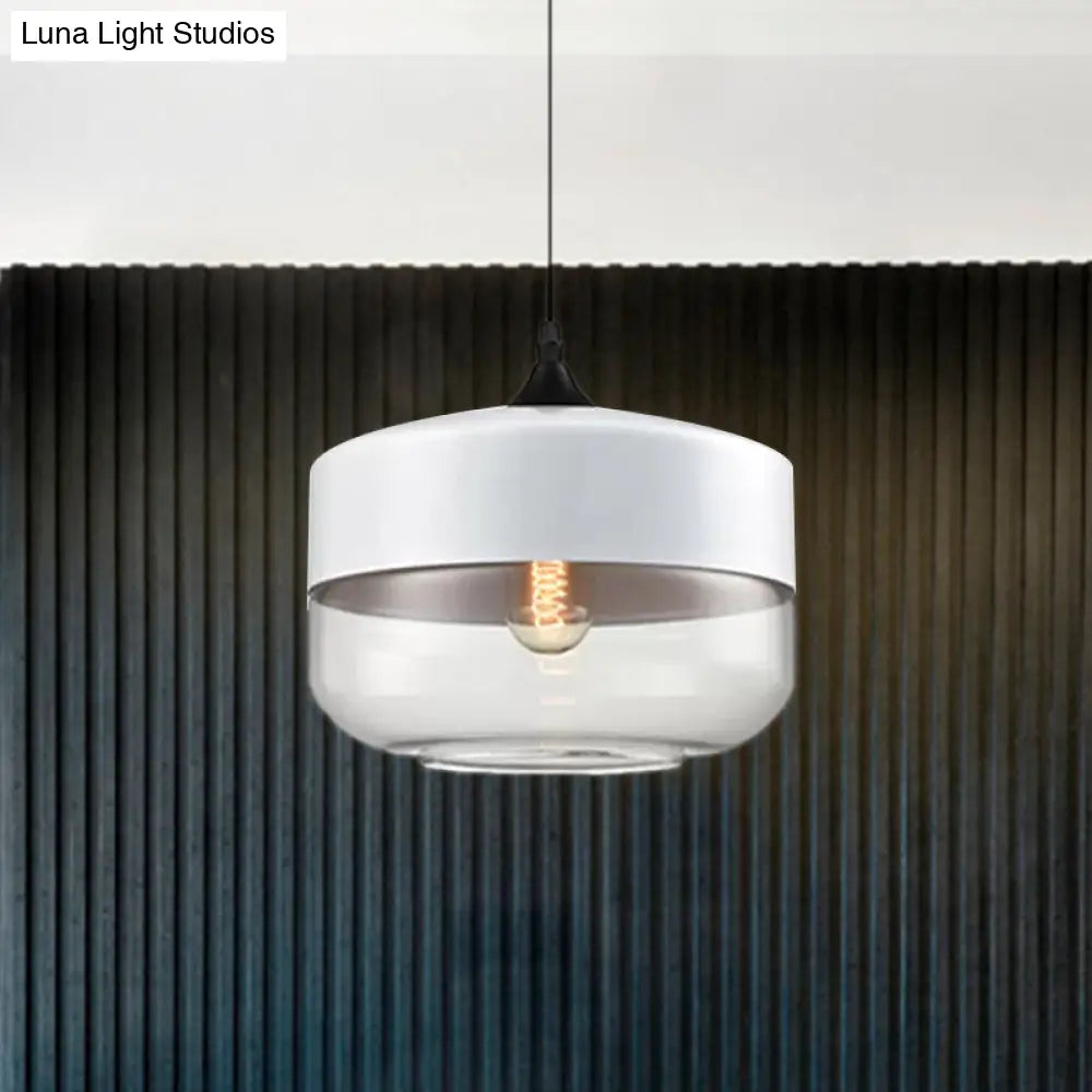 Modern 1-Light Drum/Cylinder/Jar Suspension Pendant – Clear/Yellow Glass – White/Black Fixture