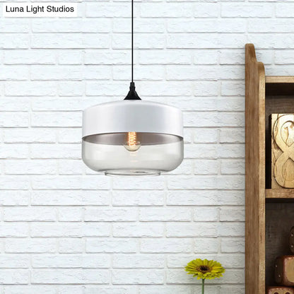 Modern 1-Light Drum/Cylinder/Jar Suspension Pendant – Clear/Yellow Glass – White/Black Fixture