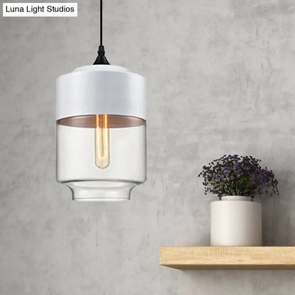 Modern 1-Light Drum/Cylinder/Jar Suspension Pendant – Clear/Yellow Glass – White/Black Fixture