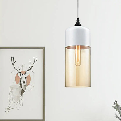 Modern 1-Light Drum/Cylinder/Jar Suspension Pendant – Clear/Yellow Glass – White/Black Fixture