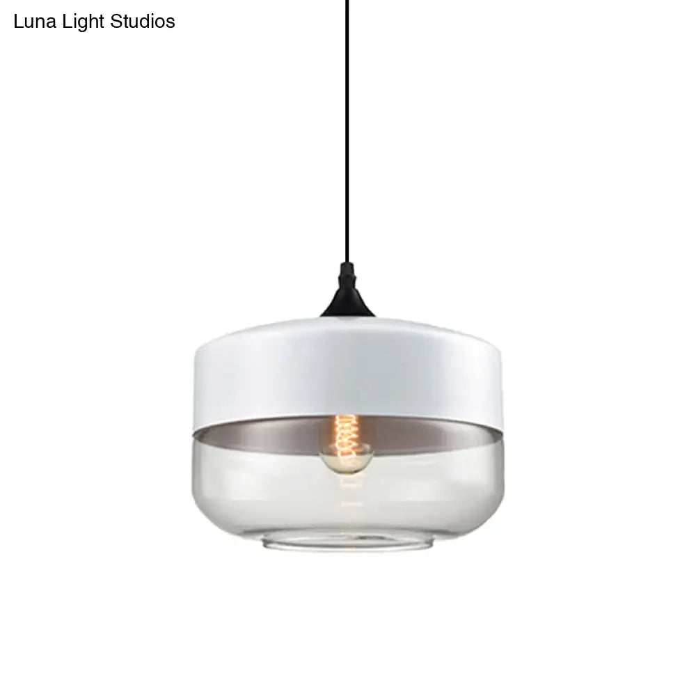 Modern 1-Light Drum/Cylinder/Jar Suspension Pendant – Clear/Yellow Glass – White/Black Fixture