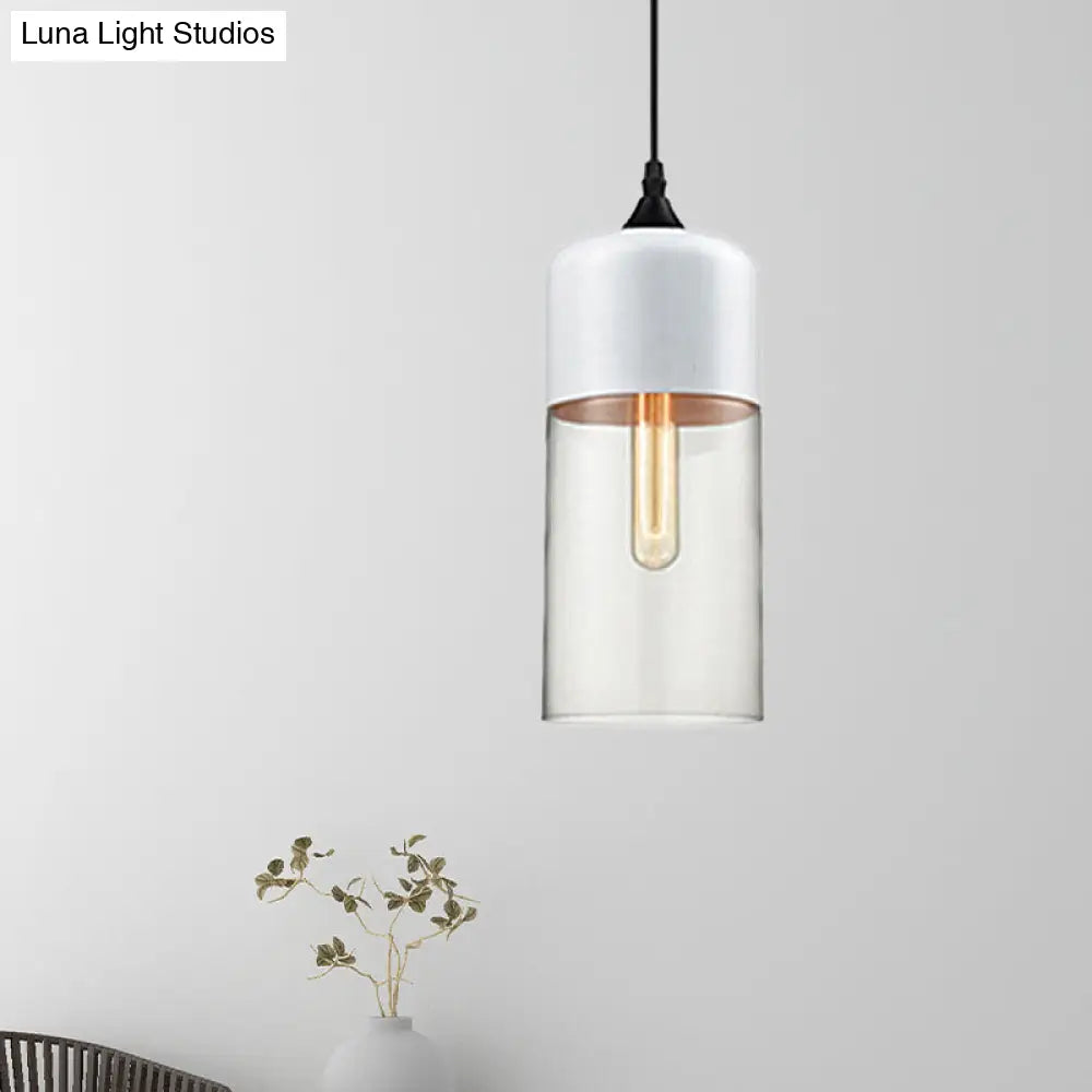 Modern 1-Light Drum/Cylinder/Jar Suspension Pendant – Clear/Yellow Glass – White/Black Fixture