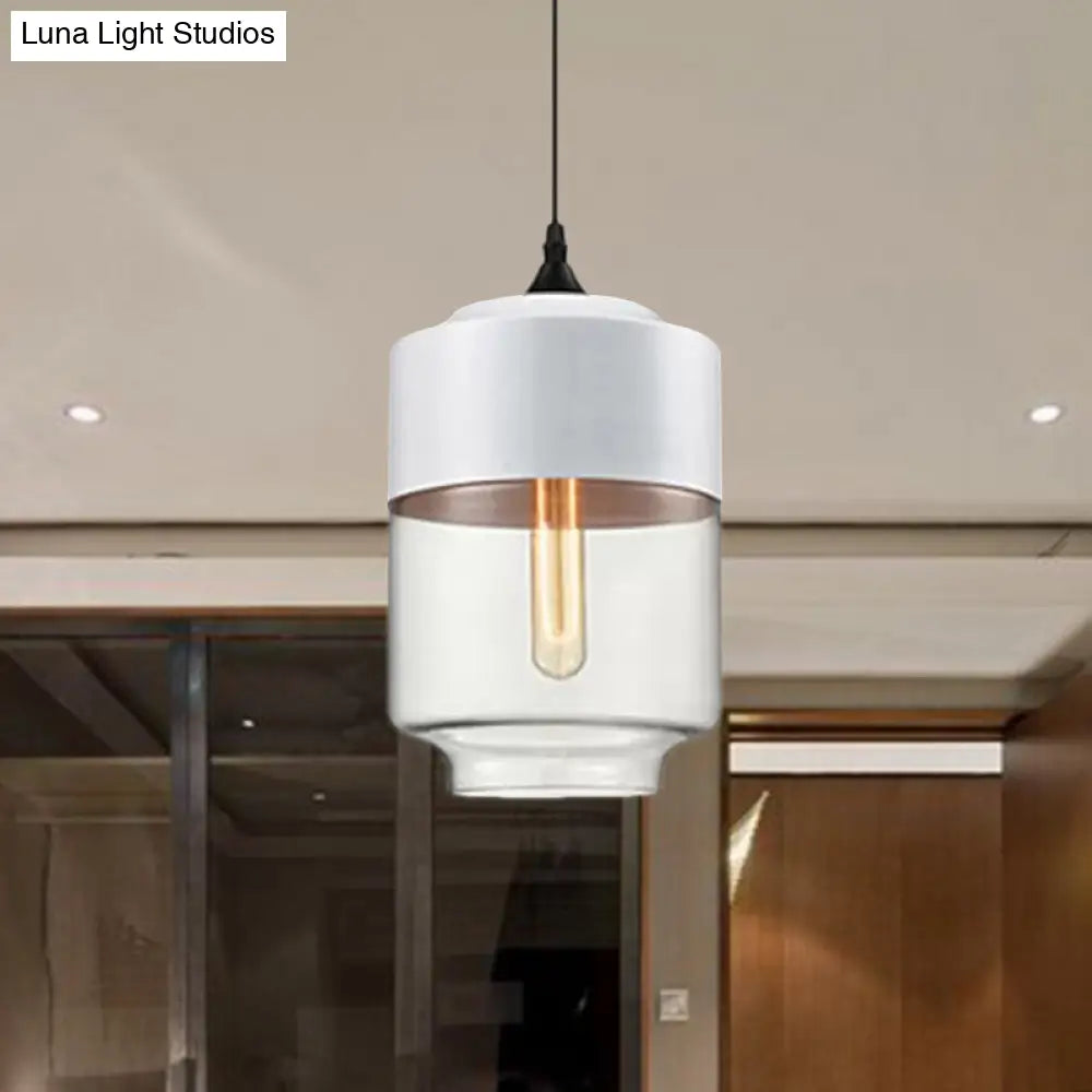 Modern 1-Light Drum/Cylinder/Jar Suspension Pendant – Clear/Yellow Glass – White/Black Fixture