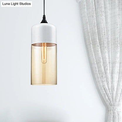 Modern 1-Light Drum/Cylinder/Jar Suspension Pendant – Clear/Yellow Glass – White/Black Fixture